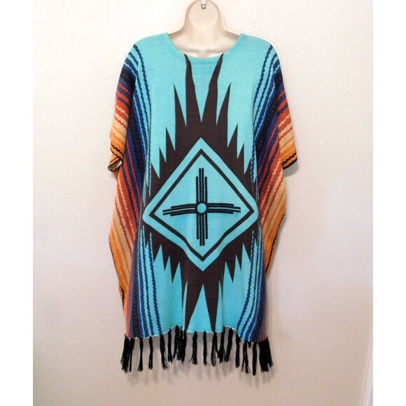 Crazy Train Poncho Womens Regular Colorful Knit Fringe Southwestern Sweater - Picture 6 of 8